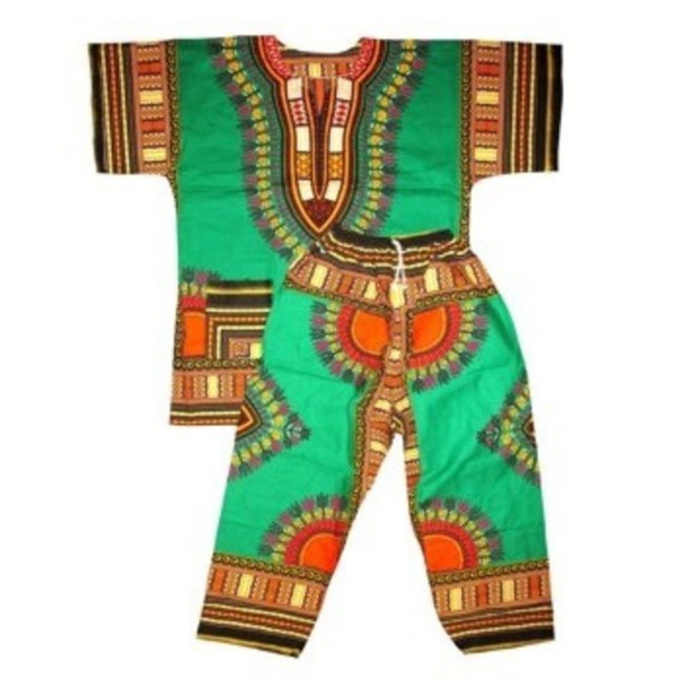 2pc. Set Unisex African Dashiki Shirt‎ & Full Length Pants Green & Orange OS